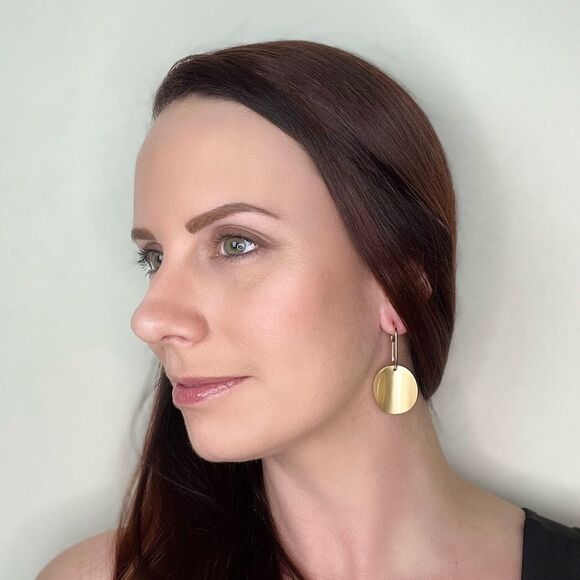 Gold Tone Curved Disk Hoop Drop Earrings Satin Finish - Picture 1 of 2